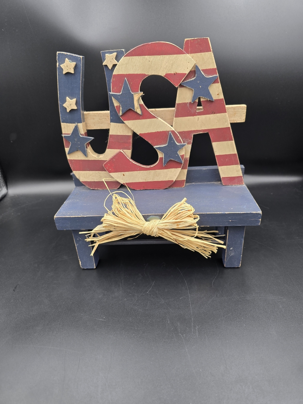 Patriotic USA Wooden Shelf Sitter - Blue, Red & Cream